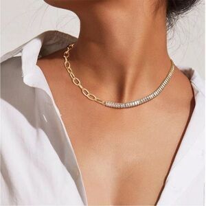 18K Gold Plated paper clip Chain necklace Cubic zirconia womens jewelry